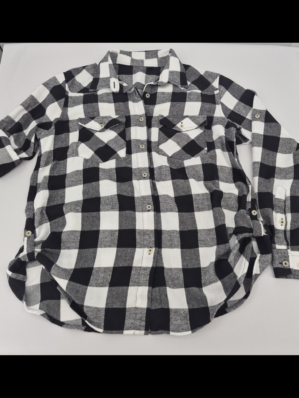 Design In Italy Plaid Cotton Flannel Button-Up Shirt Black & White Womens L